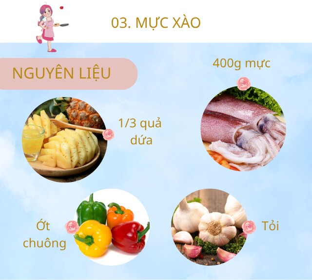 Chuẩn bị: 500g mực ống to, 1/4 quả ớt chuông xanh, 1/4 quả ớt chuông đỏ, 1/3 quả dứa, tỏi, dầu ăn, hạt tiêu, muối.