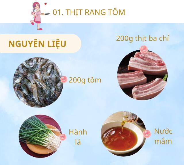 Chuẩn bị: 200gr tôm đồng, 200gr thịt ba chỉ, 2 củ hành khô, nước mắm ngon, đường, mì chính, hành lá.