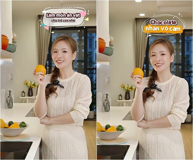 MC Đan Lê xuất hiện rạng rỡ trong căn bếp của gia đình, hào hứng giới thiệu món ăn vặt mùa hè dành cho các bé mang tên Chocolate nhân vỏ cam.