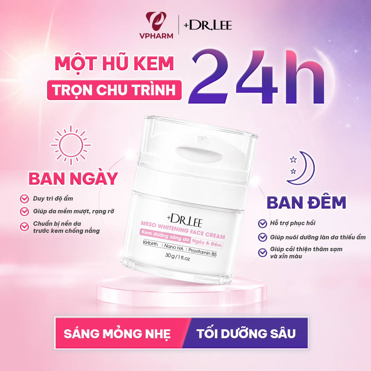 Meso Whitening Face Cream 24H kết hợp dưỡng sáng, cấp ẩm và làm dịu, phù hợp sử dụng trong chu trình chăm sóc da buổi sáng lẫn buổi tối.