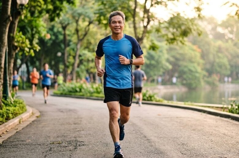 Chạy bộ đều đặn giúp nam giới sau 50 tuổi có mỡ máu cao tăng tiêu hao năng lượng, hỗ trợ cải thiện cholesterol và triglyceride. Ảnh minh họa AI.