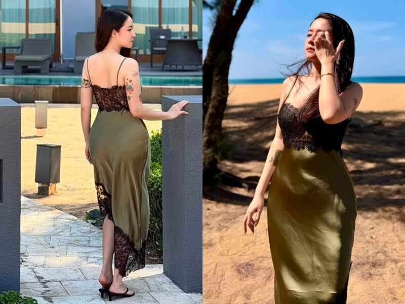 Mới đây, Thùy Dương thu hút sự chú ý khi liên tục chia sẻ ảnh đi nghỉ dưỡng khắp cả nước. Trong chuyến ghé thăm vịnh Lăng Cô (Huế), cô chọn váy 2 dây chất liệu lụa bóng màu olive ôm nhẹ theo đường cong cơ thể, tôn lên vóc dáng quyến rũ.
