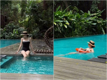 Vợ Tổng Giám đốc tập đoàn nghìn tỷ vui đùa bên bể bơi, sinh 2 con dáng vẫn đẹp nuột nà
