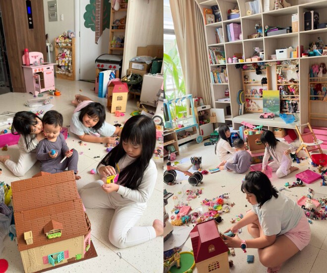 Các con của Vân Trang quây quần trong căn phòng đầy ắp đồ chơi.