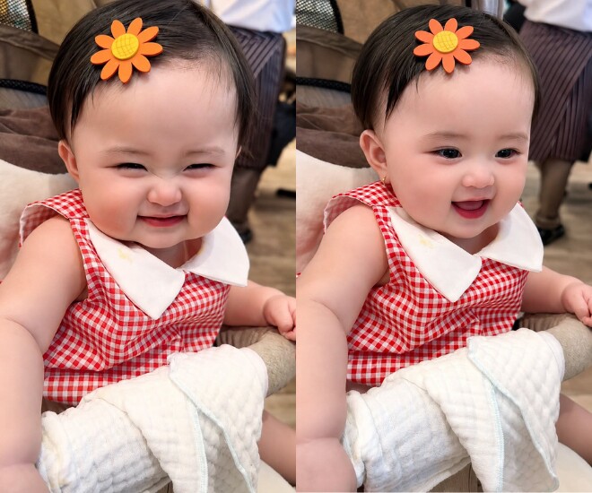 Hoa hậu Phương Lê khoe hình ảnh bé Kẹo cười với nhiều sắc thái gương mặt khác nhau.