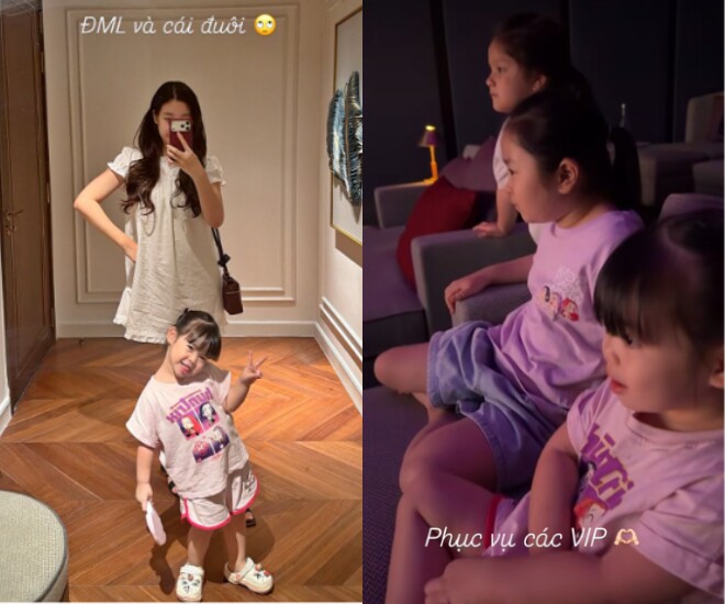 Hoa hậu Đỗ Mỹ Linh gọi ái nữ là “cái đuôi”, phục vụ nhóc tì như “khách hàng VIP”.