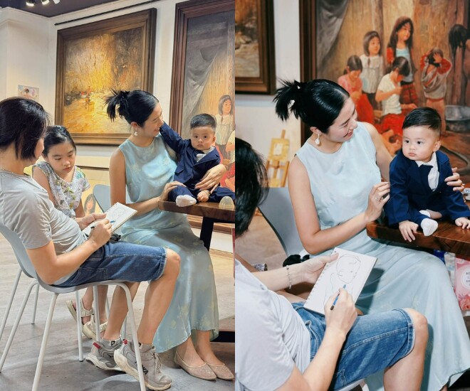 Hoa hậu Ngọc Hân cho con trai mặc suit, gọi quý tử là “em bé ngoại giao”.