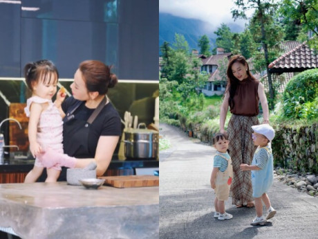 Phương Oanh vừa tất bật nấu ăn vừa chăm cặp song sinh, được khen dạy con khéo qua câu nói của ái nữ