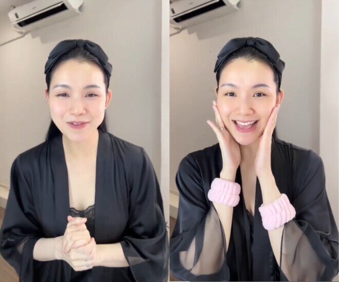 Hoa hậu Thùy Lâm tự tin khoe mặt mộc, tẩy trang trước ống kính.