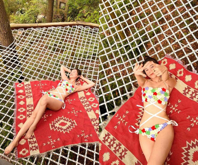 Cao Thái Hà diện bikini nổi bật khoe vóc dáng nóng bỏng cùng đôi chân cực phẩm.