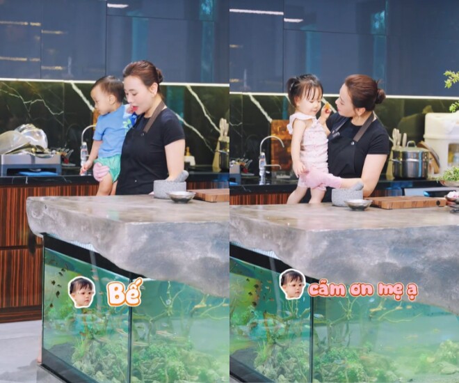 Phương Oanh vừa tất bật nấu ăn, vừa chăm cặp song sinh.
