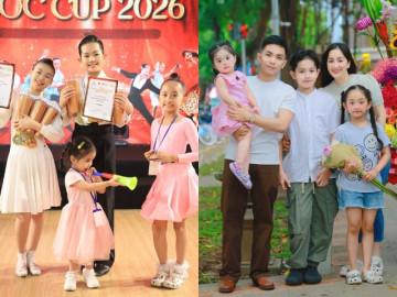 3 con của Khánh Thi và Phan Hiển đi đâu cũng có nhau, bé Lisa hí hửng thổi kèn mừng anh trai giành huy chương Vàng