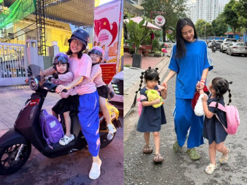 Vân Trang lái xe máy đèo cặp song sinh đi dạo phố, bé Ba - bé Tư có khuôn miệng cười duyên giống hệt mẹ