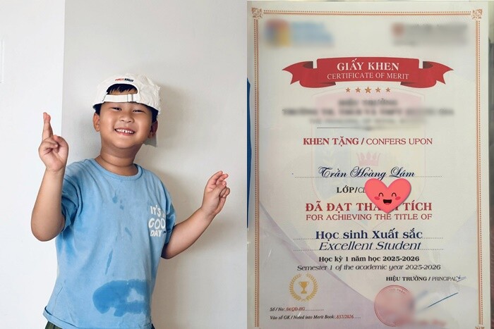 Con trai út của Hoàng Bách khiến bố mẹ tự hào về thành tích ở trường.