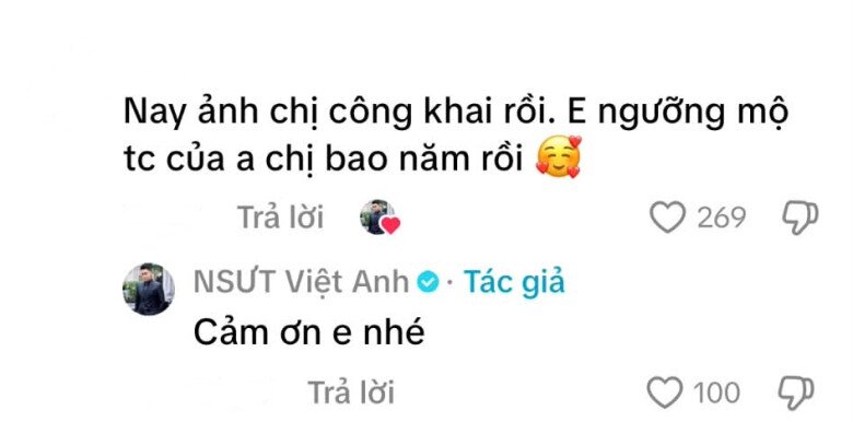 Nhiều khán giả chúc mừng Việt Anh và Quỳnh Nga công khai tình cảm.