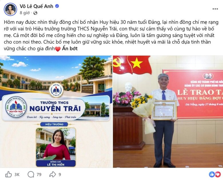 Quế Anh tự hào chia sẻ về bố mẹ trên trang cá nhân.