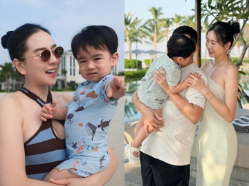 MC Mai Ngọc lần đầu tiên đưa con trai đi du lịch, Panda 16 tháng tuổi dạn dĩ khi chơi ở bãi biển