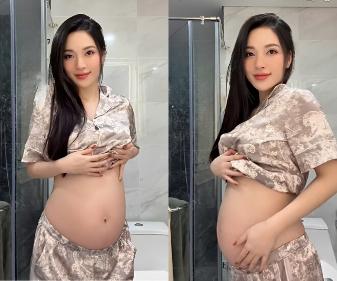 Mỹ nhân gen Z khoe bụng bầu láng mịn ở tháng thứ 9, vóc dáng thon gọn dù tăng 11kg.