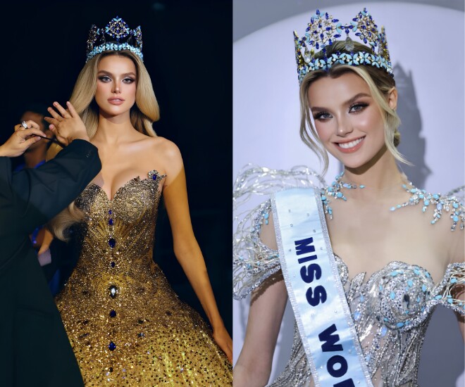 Miss World 2024 - Krystyna Pyszková catwalk kết thúc nhiệm kỳ với một em bé hình thành trong bụng (ảnh trái).