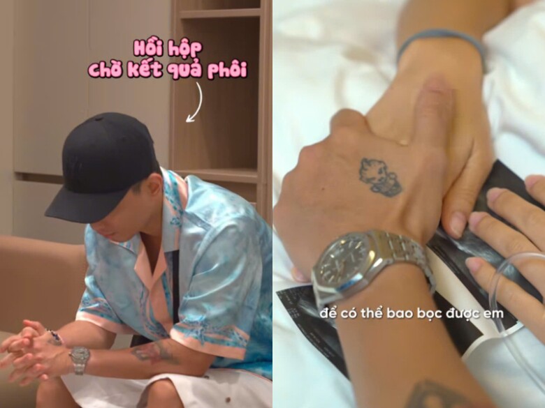 Nam rapper nắm tay động viên vợ, hồi hộp chờ kết quả.