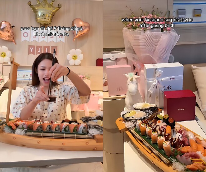Tiểu thư gen Z thích thú được ăn món sushi yêu thích sau khi vượt cạn.