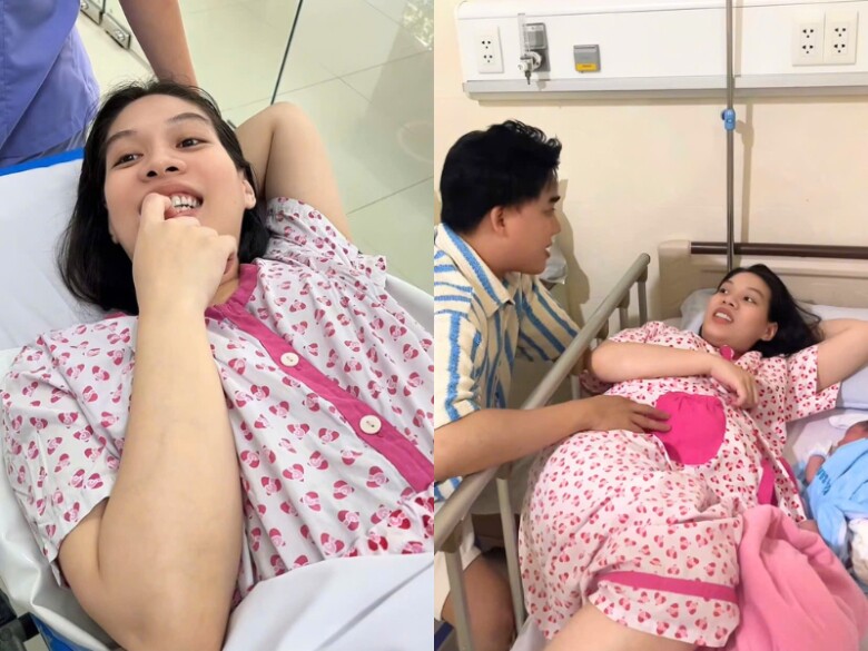 Có kinh nghiệm từ những lần sinh nở trước, Bảo Phương khá bình tĩnh khi nằm chờ sinh.