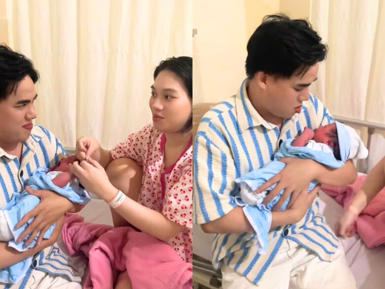 Nam diễn viên vào viện bế con sau khi hoàn thành công việc.