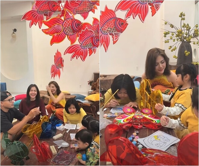 Buổi tối phá cỗ thêm phần xôm tụ khi Vân Trang mời những người bạn thân thiết như Huỳnh Đông - Ái Châu cùng gia đình đến quây quần. Các em nhỏ không chỉ được chơi lồng đèn mà còn cùng nhau tô tranh, tô tượng, tạo nên một mùa Trung thu đấm ấm, trọn vẹn niềm vui và đầy ắp kỷ niệm đẹp tuổi thơ.
