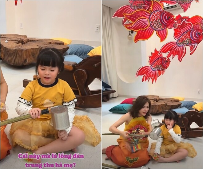 Nữ diễn viên cùng con gái hào hứng khám phá chiếc lồng đèn làm từ lon sữa hoài niệm. Câu hỏi ngây thơ Cái này mà là lồng đèn Trung thu hả mẹ? của bé khiến Vân Trang không khỏi xúc động khi tái hiện thành công một phần ký ức tuổi thơ thế hệ trước cho các con.