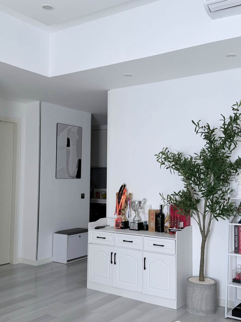 Góc hành lang nhỏ được bài trí chiếc tủ trang trí màu trắng đồng bộ, phía trên đặt cúp kỷ niệm và rượu. Chậu cây xanh dáng cao mang đến nguồn năng lượng tươi mát, cân bằng màu sắc cho căn nhà.