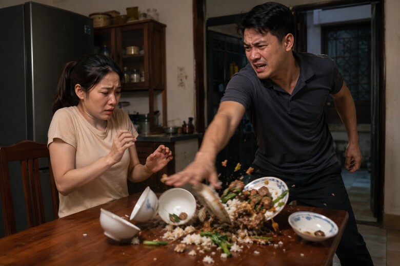 Tôi không ngờ anh lại hất đổ mâm cơm vì đĩa thịt rang thiếu hành. (Ảnh minh hoạ)