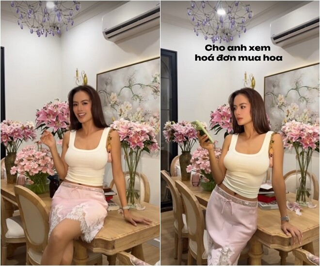 Người đẹp khoe vóc dáng quyến rũ bên góc bàn ăn gỗ tân cổ điển được lấp đầy bởi các bình hoa ly và hoa cúc hồng tao nhã. Cô hài hước chia sẻ những khoảnh khắc đời thường quyết không cho anh xem hóa đơn mua hoa như một lời khẳng định về niềm đam mê trang hoàng nhà cửa vô tận của mình.