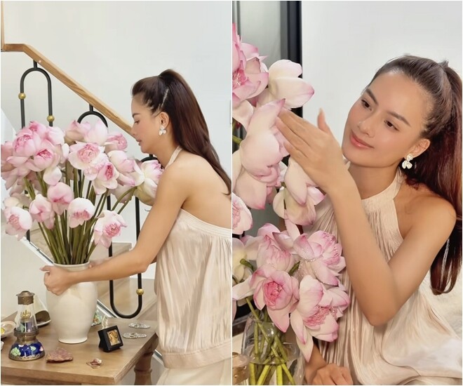 Như Vân dành rất nhiều tâm huyết cho từng góc nhỏ trong ngôi nhà 70m2. Ngay chân cầu thang dẫn lên các tầng, cô tỉ mỉ sắp đặt bình sen quan âm bung nở tuyệt đẹp cùng những món đồ trang trí phong cách cổ điển, tạo điểm nhấn nghệ thuật đầy cuốn hút.
