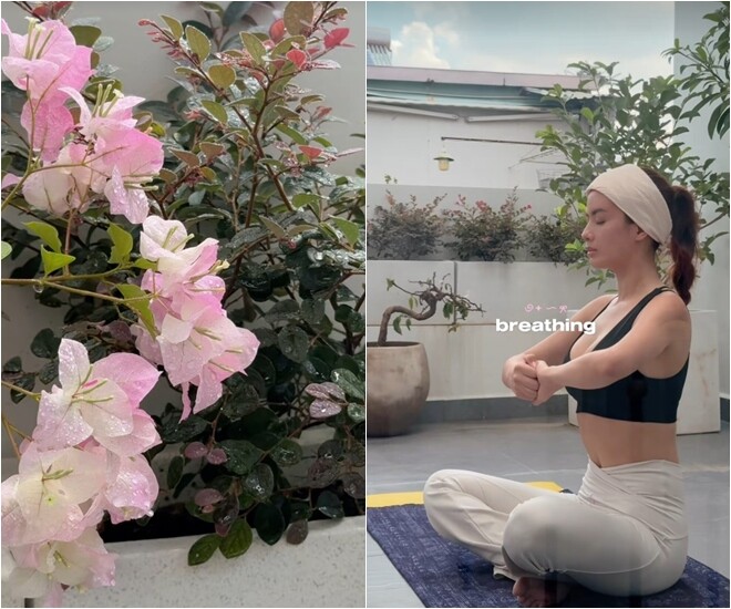 Sân thượng là không gian xanh lý tưởng được Như Vân phủ kín hoa giấy màu hồng phấn mộng mơ. Đây là nơi cô bắt đầu ngày mới bằng bài tập hít thở, hòa mình vào thiên nhiên tươi mát giữa lòng đô thị sầm uất.