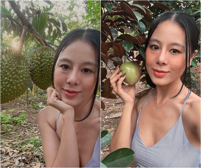 Cô tự hào giới thiệu về thành quả lao động của gia đình: Vườn cây của ba. Khu vườn nhà nữ diễn viên có nhiều loại cây ăn trái đặc sản như sầu riêng, vú sữa...