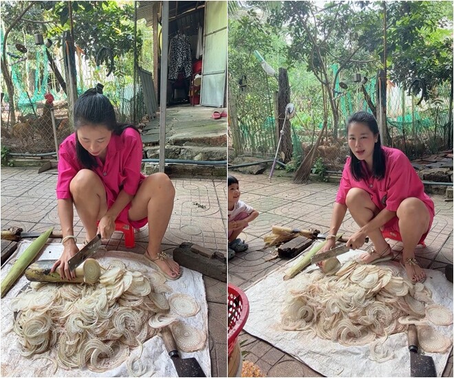 Khi ở nhà, Nam Thư sẵn sàng xắn tay áo làm công việc nội trợ, ngồi băm xắt thân cây chuối ở khoảng sân gạch đơn sơ. Sự giản dị, gần gũi của nữ diễn viên gây nhiều sự chú ý.