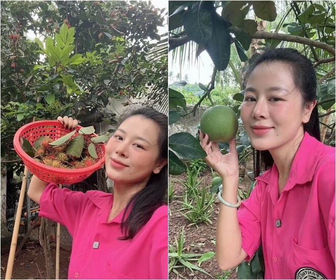 Thành quả lao động sau những giờ phút dạo quanh vườn là chiếc rổ chất đầy chôm chôm chín đỏ cùng những quả bưởi tươi nxanh. Ngôi nhà giản dị cùng khu vườn trĩu quả chính là nơi giúp nữ diễn viên nạp lại năng lượng sau những ngày làm việc vất vả.