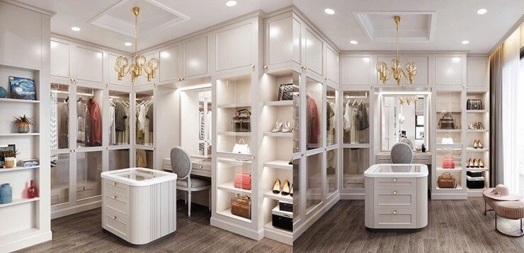 Phòng thay đồ là một trong những khu vực được đầu tư nhiều nhất với hệ tủ kính cao sát trần kết hợp đèn LED hiện đại. Đảo tủ ở trung tâm giúp lưu trữ trang sức, phụ kiện khoa học, giúp nữ diễn viên chuẩn bị trang phục nhanh chóng cho các sự kiện.