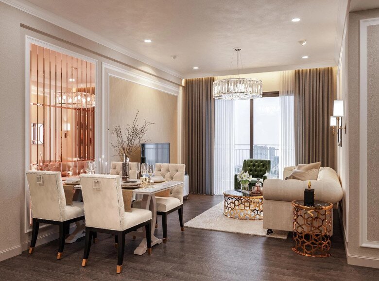 Phòng khách được nữ diễn viên coi là linh hồn của căn hộ, nơi gia đình quây quần và tiếp đón người thân, bạn bè. Góc nhỏ bên khung cửa kính lớn kết hợp ghế bọc nhung xanh rêu và đèn thả pha lê mang lại cảm giác thư thái tuyệt đối.