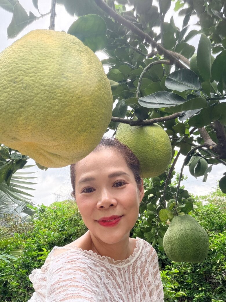 Mỹ Lệ khoái chí với những chùm bưởi mọng nước lủng lẳng ngay trên đầu. Khu vườn ngợp bóng mát không chỉ cung cấp trái cây sạch mà còn đem lại không khí trong lành cho cả gia đình.