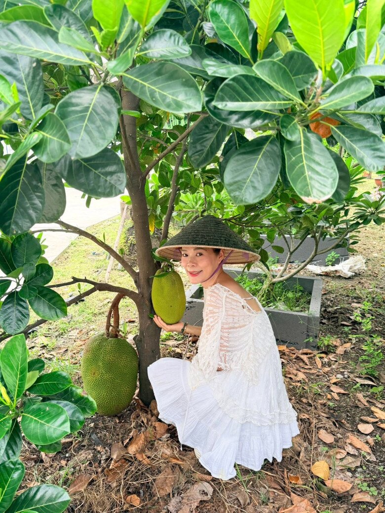Mỹ Lệ thích thú với từng gốc mít trong vườn, nâng niu thành quả sau thời gian chăm sóc. Dù vẻ ngoài sang chảnh của một Phó chủ tịch nhưng Mỹ Lệ lại là người nông dân đích thực.