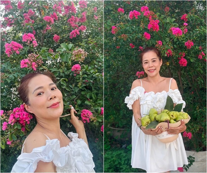Trở về với không gian xanh mát sau những giờ làm việc căng thẳng, Mỹ Lệ không giấu nổi niềm hạnh phúc khi ngắm nhìn những cành cây trĩu quả do chính tay mình chăm sóc.