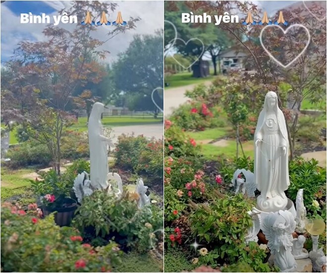 Góc tâm linh tôn nghiêm trước nhà được bài trí trang trọng với tượng Đức Mẹ. Xung quanh khu vực này được trồng nhiều cây hoa hồng và cây lá phong, mang đến không gian thanh tịnh, bình yên cho cả gia đình.
