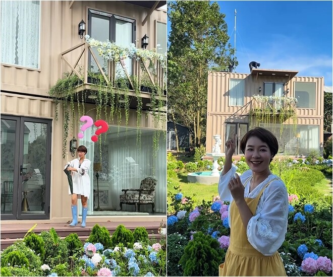 Nữ diễn viên rạng rỡ đứng bên ngoài căn nhà container 2 tầng độc đáo được bao quanh bởi khu vườn ngập tràn hoa cẩm tú cầu rực rỡ và những khoảng xanh mát mắt.
