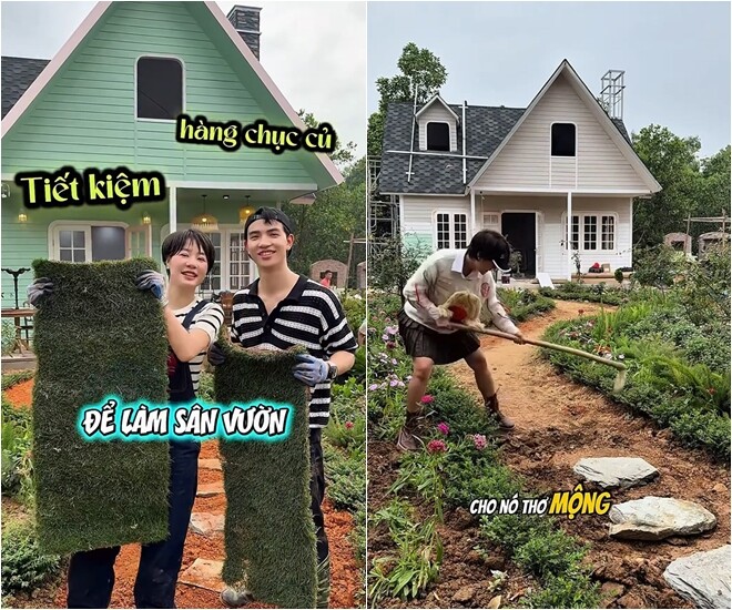 Để tiết kiệm chi phí, cô cùng người thân tự mình bê những thảm cỏ xanh và cuốc đất rải những viên đá tự nhiên đầu tiên, đặt nền móng cho lối đi thơ mộng dẫn vào nhà.