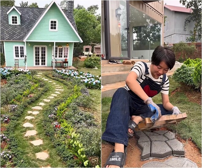 Bên cạnh lối đi rải đá tự nhiên bên nhà gỗ, nữ diễn viên còn thử sức tự tay trộn vữa, đặt khuôn đúc và mần thử lối đi giả đá bằng xi măng bên hông nhà container để có thêm nhiều trải nghiệm thú vị.