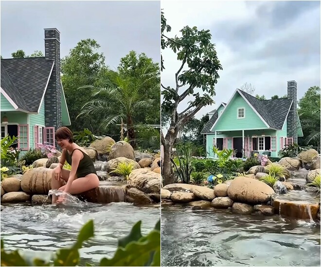 Thành quả bể bơi sinh thái uốn lượn như dòng suối nhỏ trong vắt chảy qua những ghềnh đá. Kim Ngọc thỏa thích ngâm mình dưới làn nước mát lành, tận hưởng cuộc sống yên ả tách biệt với phố thị.