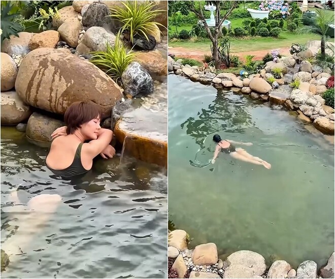 Góc nhìn từ trên cao cho thấy làn nước trong xanh nhìn thấu đáy của bể bơi suối đá. Đây là thành quả ngọt ngào sau những ngày dài cả ekip vất vả đào đất, lót bạt chống thấm và cẩu đá sắp đặt.
