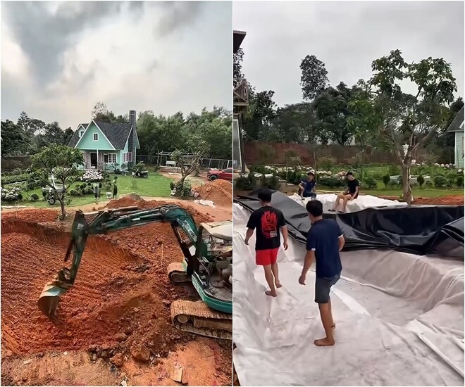 Quá trình thi công bể bơi đầy gian nan khi phải sử dụng máy xúc để đào sâu vào lòng đất đồi, sau đó trải nhiều lớp bạt lót chống thấm chuyên dụng dày dặn để giữ nước và bảo vệ lòng bể suối.