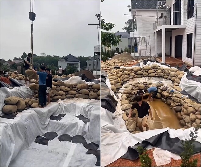 Xe cẩu lớn liên tục hoạt động để đưa những viên đá tảng khổng lồ xuống lòng bể. Đội ngũ thi công phải tỉ mỉ ghép nối, xếp đặt từng viên và cố định chúng bằng xi măng cực kỳ chắc chắn.